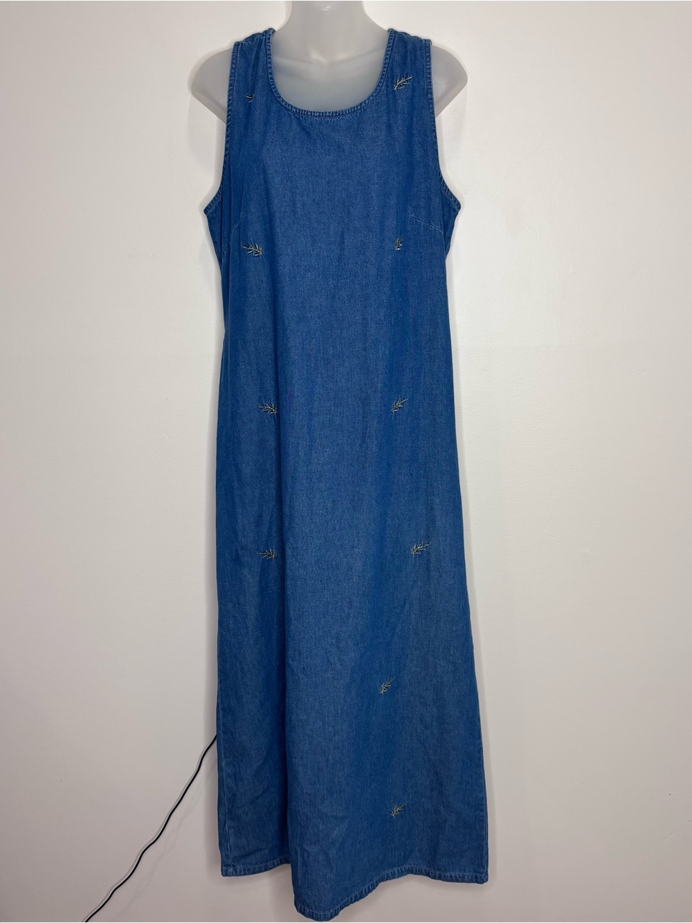 Vintage Denim Long Maxi Dress Blue Gold floral Embroidery 90s medium 100% Cotton